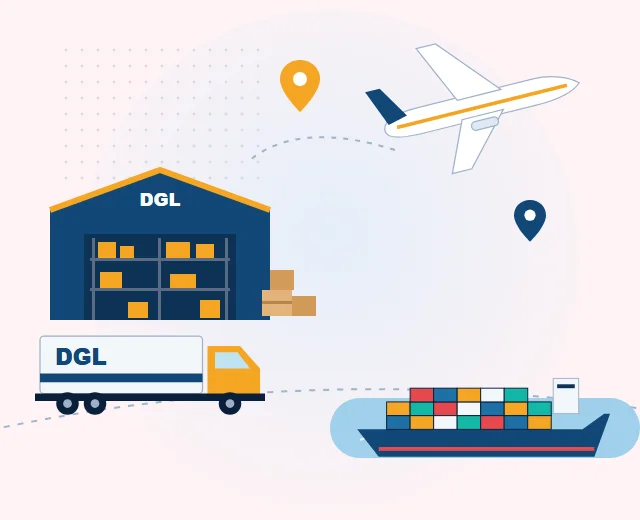 Illustration of a DGL warehouse, cargo plane, truck and container ship